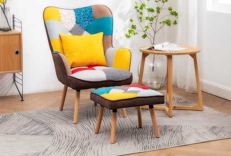 Multicolour Patched Fabric Wingback Chair and Footstool Set 